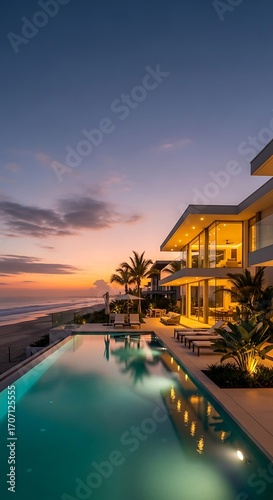 Luxury Beachfront Modern Villa at Sunset.