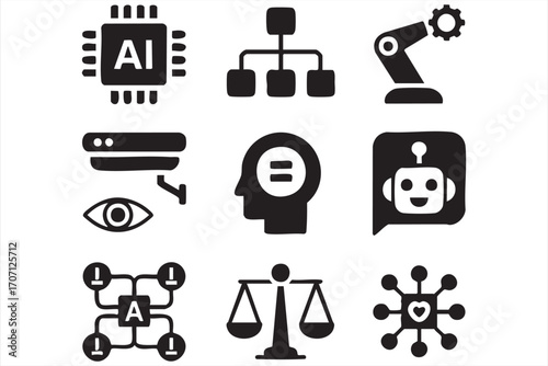 AI and Technology Icons: A visual representation of artificial intelligence and technological advancements, featuring clean, minimalist icons illustrating various concepts. 
