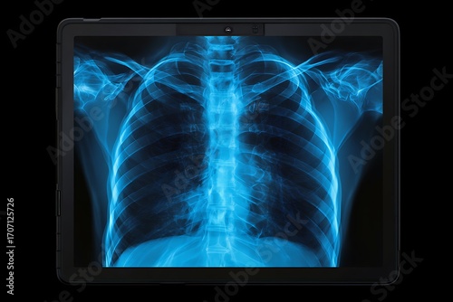 Medical x-ray of human ribcage displayed on a tablet screen, offering a modern diagnostic view with clinical precision