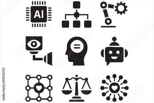 AI Icons: A collection of sleek, minimalist icons representing the core facets of artificial intelligence and cutting-edge technology, designed to inspire and inform.