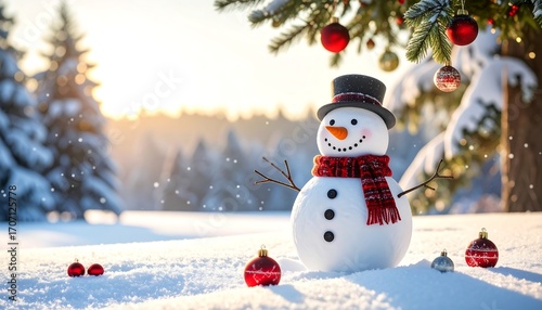 A happy snowman in a snowy scene, adorned with a hat, scarf and ornaments under a tree, bathed in soft sunlight