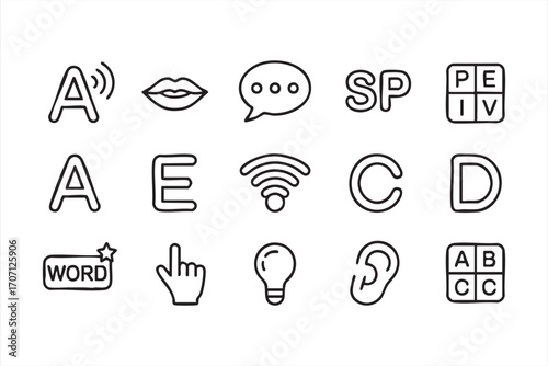 Digital icons and communication concept: A series of vector-based communication and technology icons. This visual compilation represents a comprehensive overview of different communication systems.