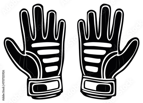 Pair of protective sports gloves, black and white, illustrated design for safety gear and athletic equipment use.