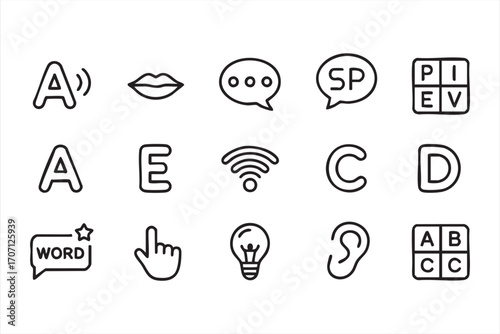 Symbolic Communication Icons: A collection of sleek, minimalist icons represent various concepts like speech, technology, ideas and communication.