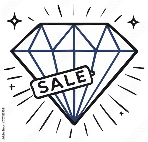 Doodle of a diamond with a sale tag and starburst elements indicating a special offer price