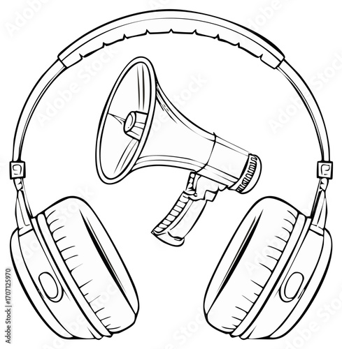 Line art illustration of headphones and a megaphone for announcement or broadcast, on white