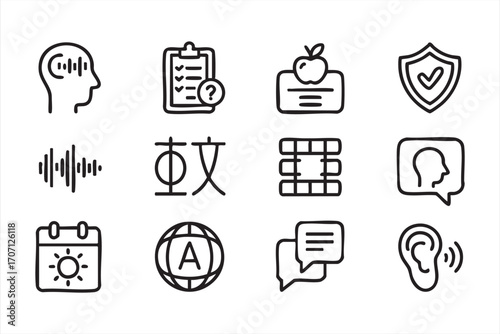 Language Learning and Communication Icons: A curated collection of meticulously crafted line icons illustrating various aspects of language learning and communication.