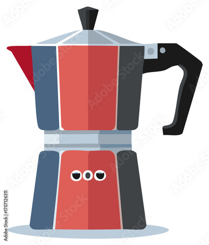 Stylized Italian Coffee Maker Illustration: Classic Moka Pot Design in Red, Gray, and Blue