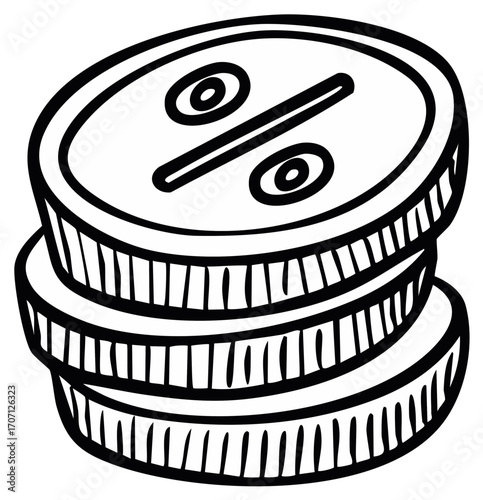 Hand drawn stack of coins with a percentage sign depicting money savings or investment returns