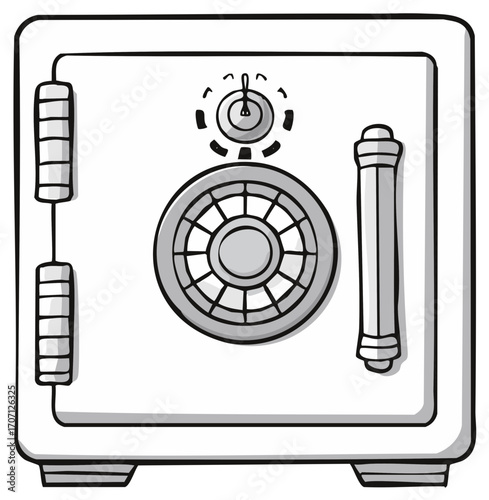 Cartoon illustration of a white bank vault safe with a combination lock and hinges