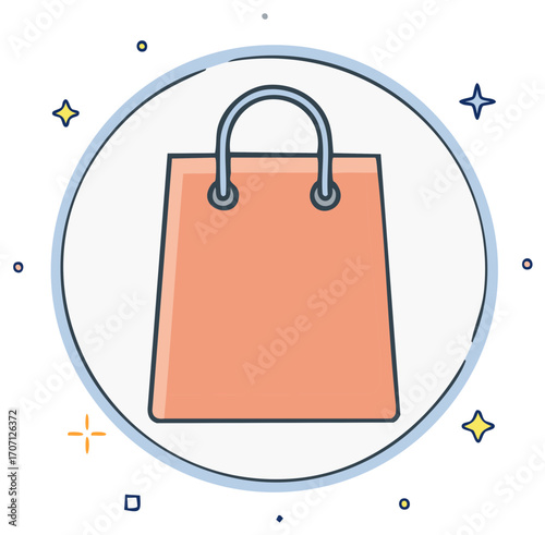 A simple illustration of a peach colored shopping bag inside a blue circle with stars and dots