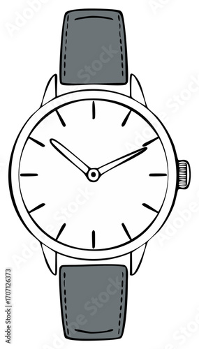 Analog wristwatch illustration with leather strap and clock face showing the time