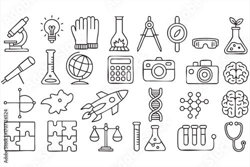 Science Icon Set: A captivating black-and-white illustration showcasing an extensive collection of science-related icons, perfectly capturing the essence of knowledge, exploration, and discovery. 