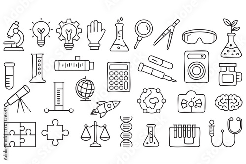 Science Icons: A collection of intricately illustrated icons, each representing a facet of science, meticulously rendered in a clean, monochrome style, suitable for educational materials. 