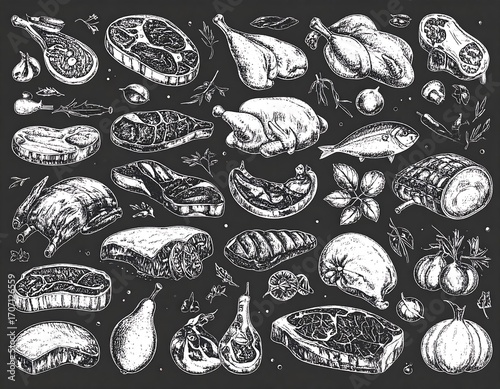 Vintage illustration of various meats and seafood, garnished with herbs and spices