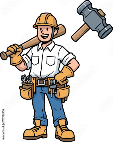 Cartoon construction worker, holding sledgehammer, wearing tool belt, hard hat, gloves, work boots, smiling builder, handyman character, isolated on white background