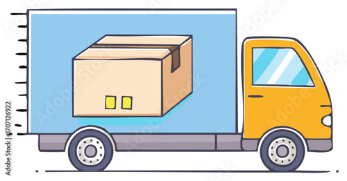 Vibrant yellow delivery truck transporting a brown cardboard box a playful illustration representing modern shipping logistics