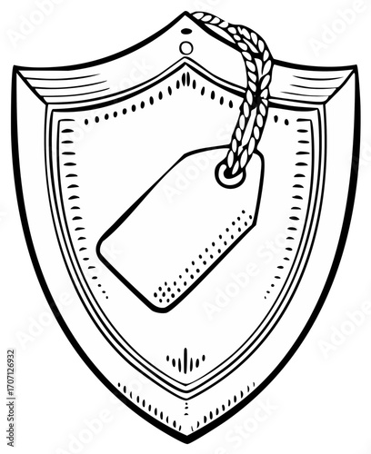 Illustration of a price tag hanging on a shield with decorative elements in black and white as a concept for value, protection, or security.