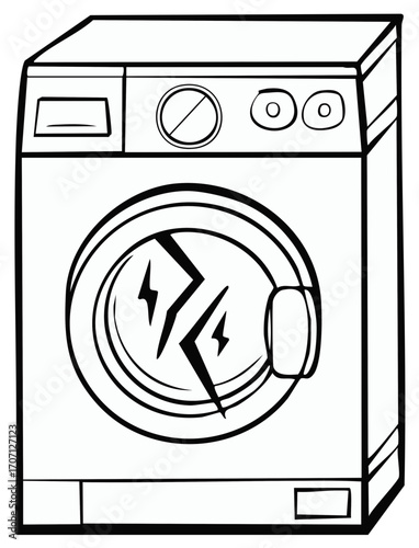 Stylized cartoon washing machine illustration with lightning bolts inside the door depicting malfunction or power