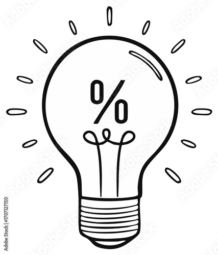Doodle light bulb with percentage symbol inside representing discount or idea
