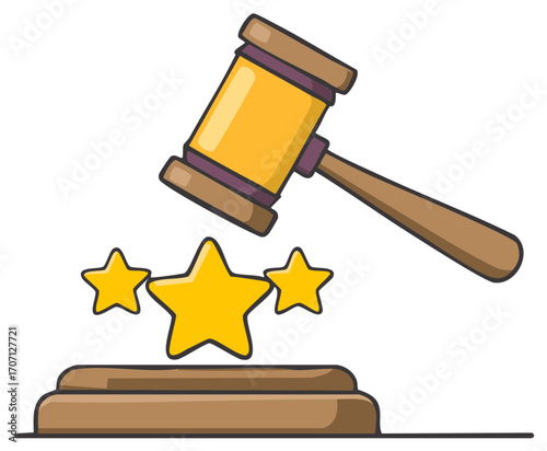 Judgment Gavel above Stars on Wooden Stage, Judicial Decisions, Court Rulings, and Law Award Recognition
