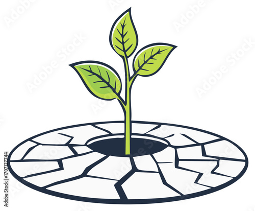 Green plant emerging from cracked earth, symbolizing growth and environmental hope