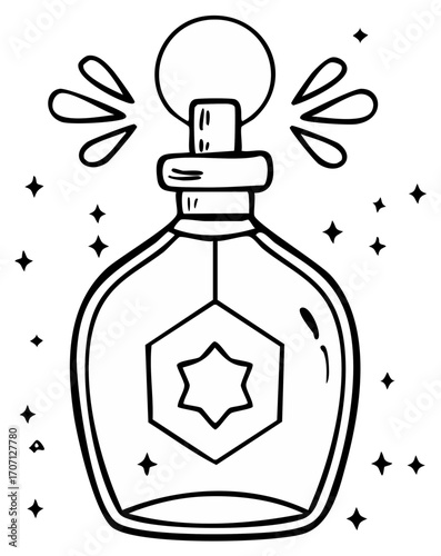 Black and white perfume bottle design with sparkling star elements, fragrance illustration.