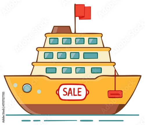 Cartoon yellow cruise ship with sale sign and red flag on white background