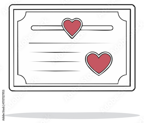 Red hearts certificate with document, greeting card, paper, love or wedding elements.