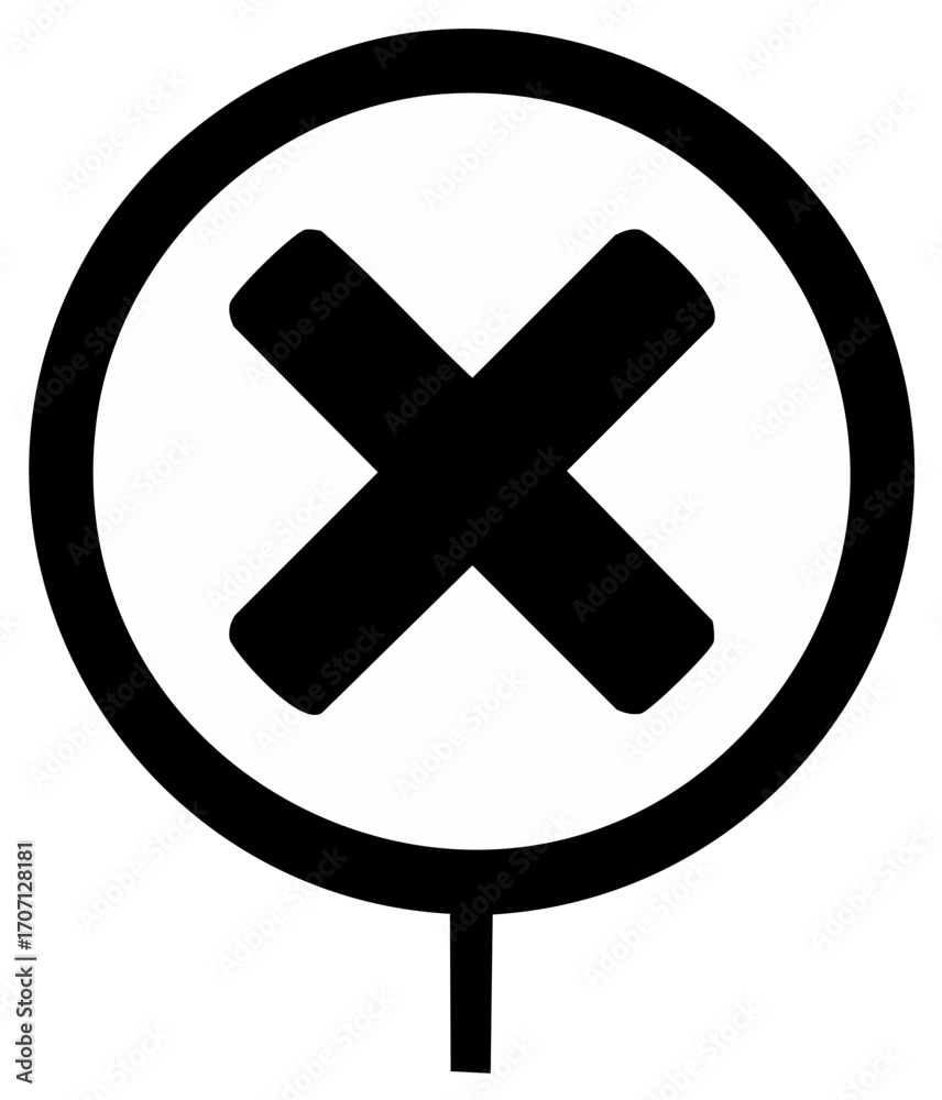 Obraz premium Black X mark inside a circular outline with a downward line symbolizing wrong, error, denial or close