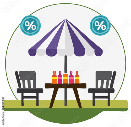Restaurant happy hour or cafe special offer illustration with patio table, umbrella, and discount percentage signs