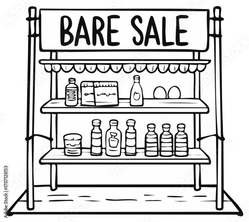 Illustration of a Three-Shelf Market Stand with the Sign Bare Sale and Various Bottles and Goods for Selling, Vector Art