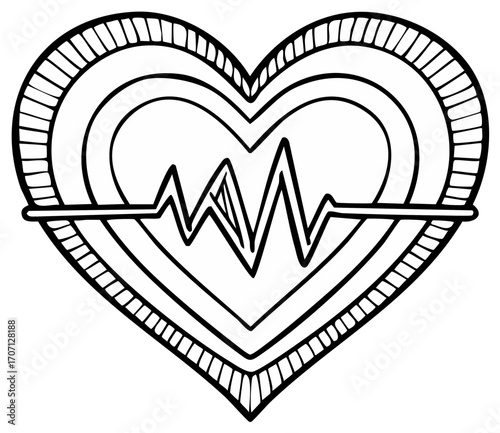 Heart symbol with a heart rate line, doodle illustration