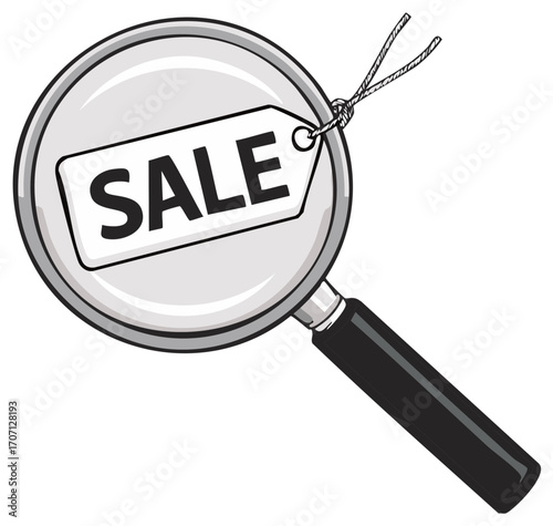 Magnifying glass over a sale tag, symbolizing searching for bargains and discounts