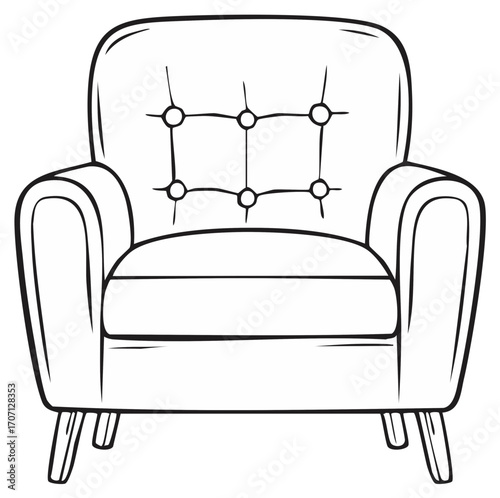 Outline of an upholstered armchair with button detailing and slightly curved legs.