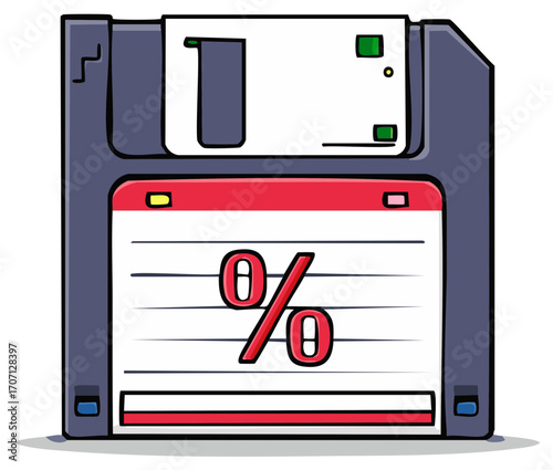 Vintage floppy disk with percentage symbol illustration for data storage and savings concepts