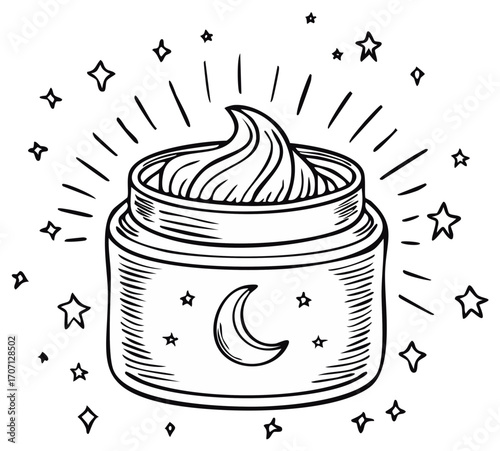 Hand-drawn night cream jar with glowing stars and crescent moon, skincare beauty illustration