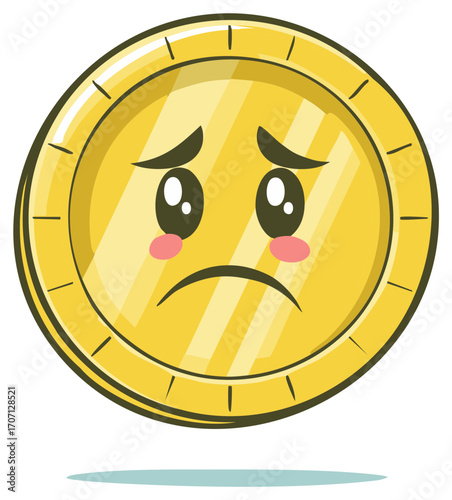 Sad golden coin with big eyes and rosy cheeks expressing unhappiness and loss