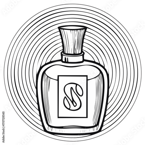 Elegant Perfume Bottle Illustration on a Circular Background with Black Outline