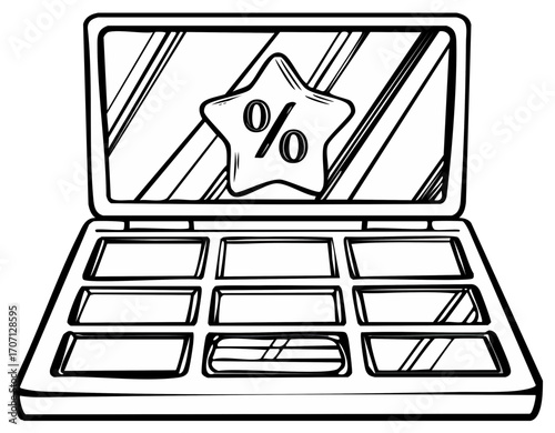 Hand drawn laptop computer with a star percentage sign on the screen for online sales and discounts concept