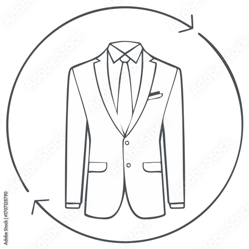 Suit illustration inside a round frame with arrows, line art