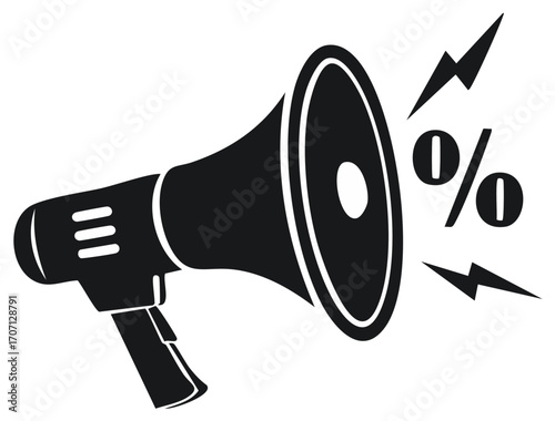 Stylized megaphone icon with percentage symbol for sale, discount, and special offer announcements