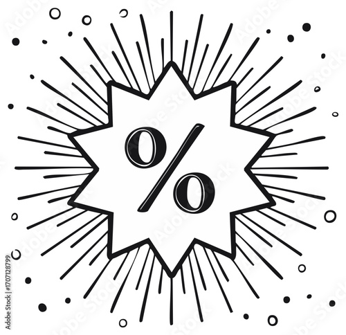 Hand drawn percentage symbol inside an explosive starburst shape for sale and discount promotions