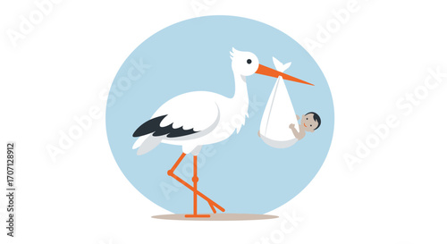 A charming Flat Design vector illustration of a stork carrying a baby bundle, a classic symbol of birth and new arrivals.