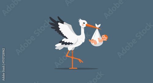 A charming Flat Design vector illustration of a stork carrying a baby bundle, a classic symbol of birth and new arrivals.