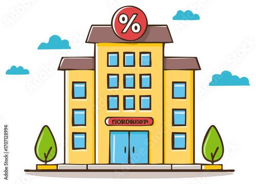 Cartoon building with percentage sign and clouds. Banking or financial concept.