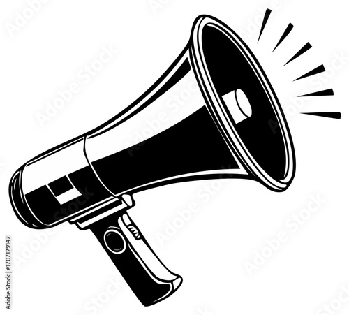 Illustration of a megaphone with sound waves, isolated on a plain background for announcements