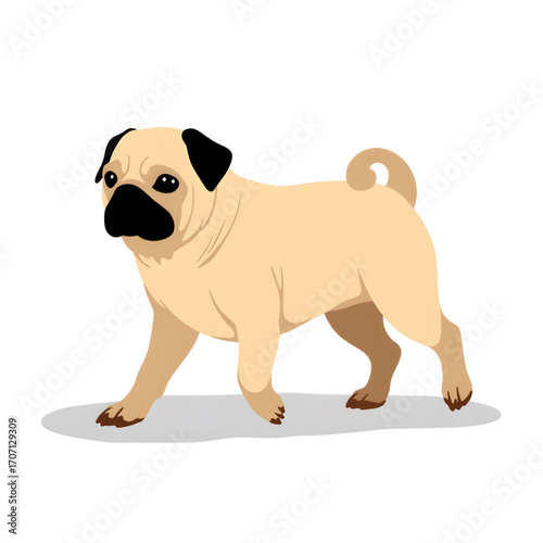 Playful pug walking in flat vector illustration, cheerful companionship