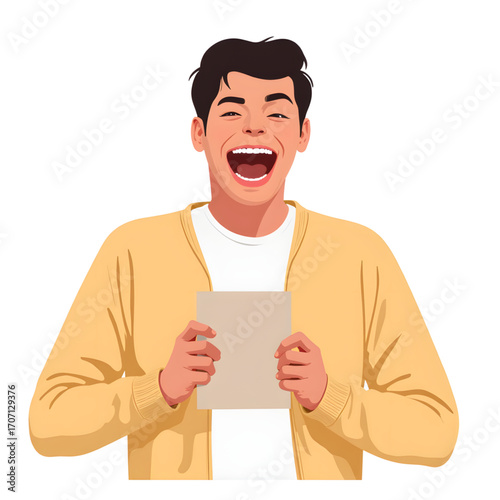 Happy man laughing with birthday card, joyful celebration