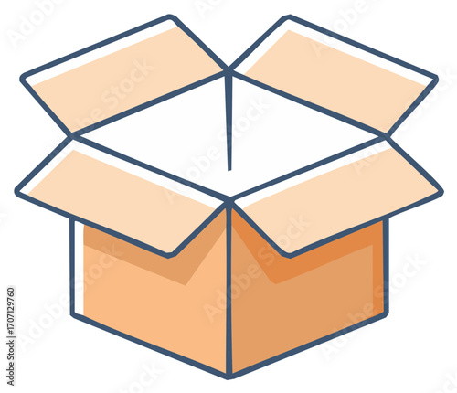 Cartoon illustration of an opened cardboard box with blue outlining, isolated on white.